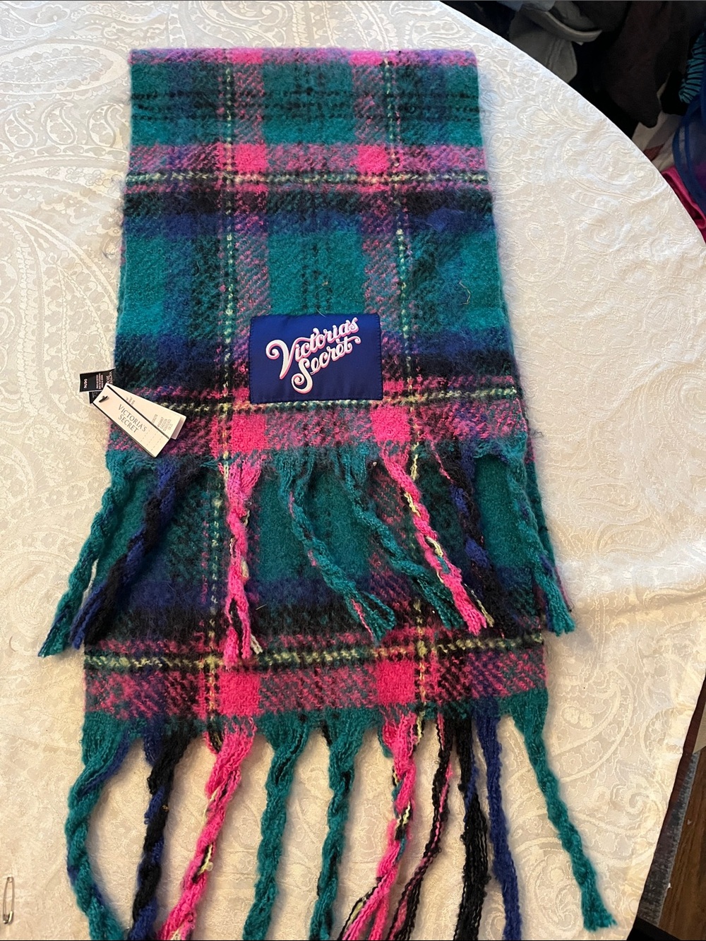 Victoria's Secret Teal, Pink & Navy Plaid Fringe Scarf NWT